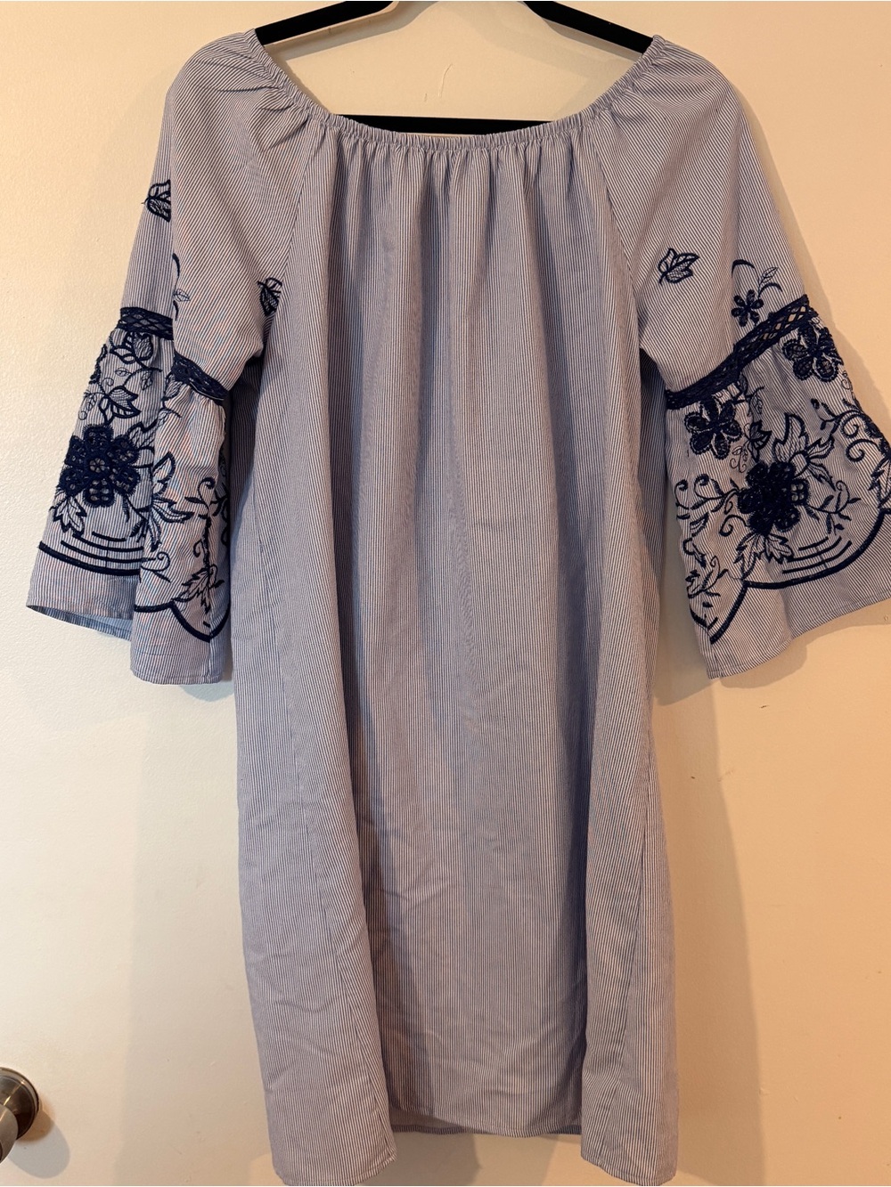 Figueroa & Flower Pinstripe Embroidered Bell Sleeve Dress Small Coastal Grandma